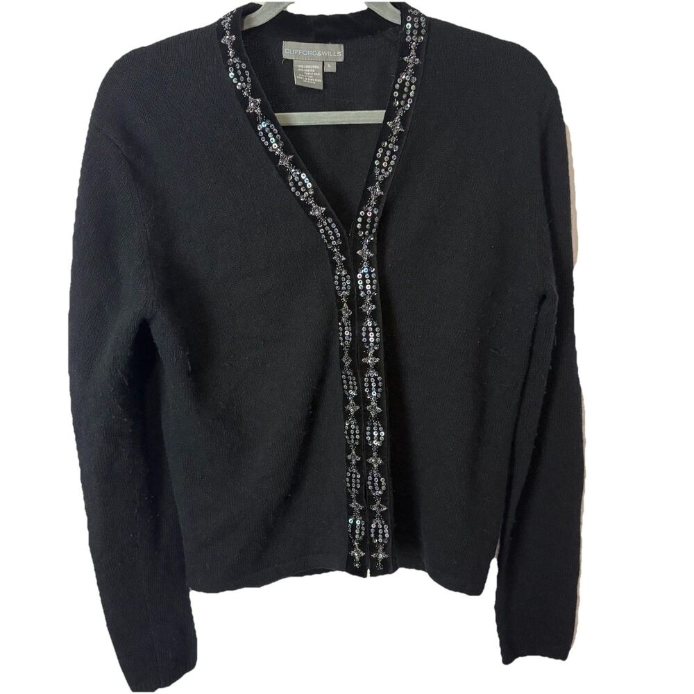 Vtg Clifford & Wills Womens Large Black Cardigan Wool Angora Velvet Sequin Trim